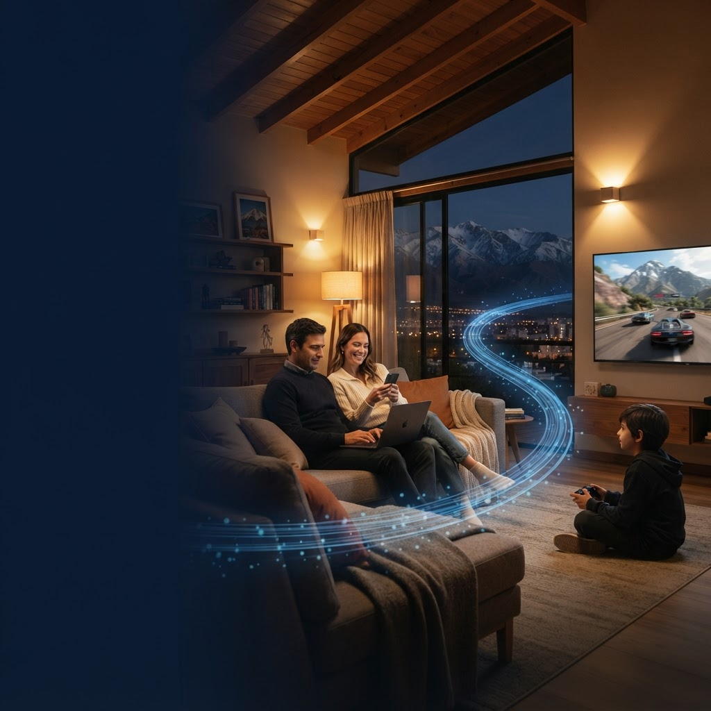 Familia disfrutando de la televisión y los juegos en el living de su casa